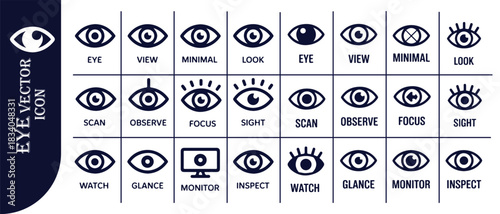 Eye vector icon set for various actions related to seeing and watching concepts on white background