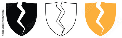 Broken shields show vulnerability and represent failure,Broken shield icons in bold and outlined styles.Broken Shield icon - vector. Security Shield icon in flat style. Symbols of broken protection.