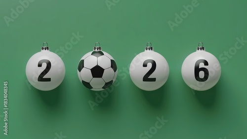 Football christmas ball among white balls with 2026 on green background. For sports brand campaigns, event tickets, merchandise promotions, fan engagement.