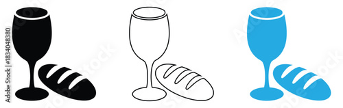 Three simple glasses of wine and bread still life,Communion icon. Easter symbol. Isolated on a white background