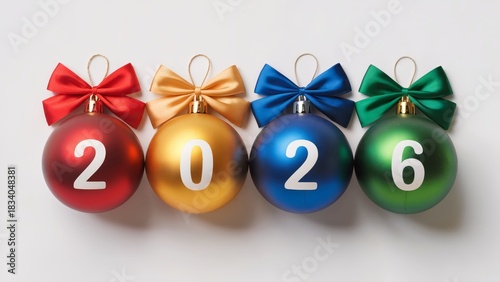 Multicolored christmas balls hang in a row with word 2026 on white background. Perfect for children's brand holiday lines, festive educational materials, playful New Year campaigns, family-oriented ev