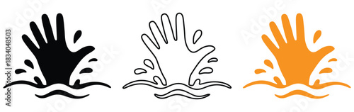 Hand reaching out from water concept, a call for help graphic,Drowning icon vector illustration design,Hands reaching from water, drowning concept, help is needed,Hand with water drop. Save water icon