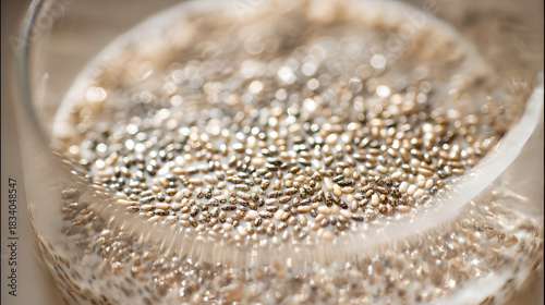 Chia Seeds Infusion: An intriguing close-up of chia seeds being infused in water, where they begin to swell and form a gelatinous texture. It represents healthy eating and mindful living.