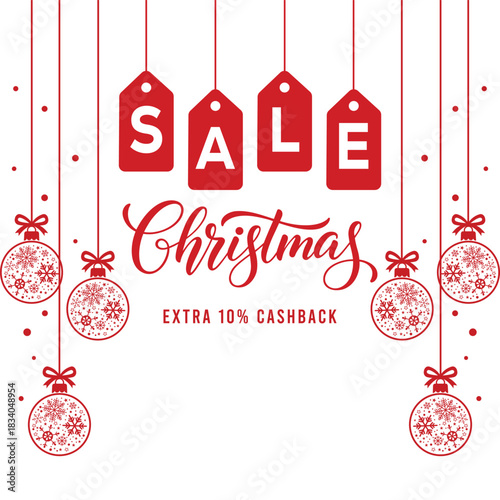 Red and white Christmas sale banner with hanging price tags spelling SALE, decorative snowflake bauble ornaments and extra 10 percent cashback text, clean festive layout for holiday retail marketing p
