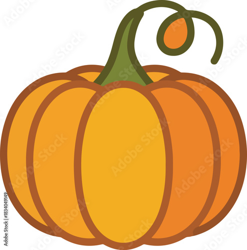 Vibrant orange pumpkin vector with a green stem and curly tendril perfect for fall season decorations