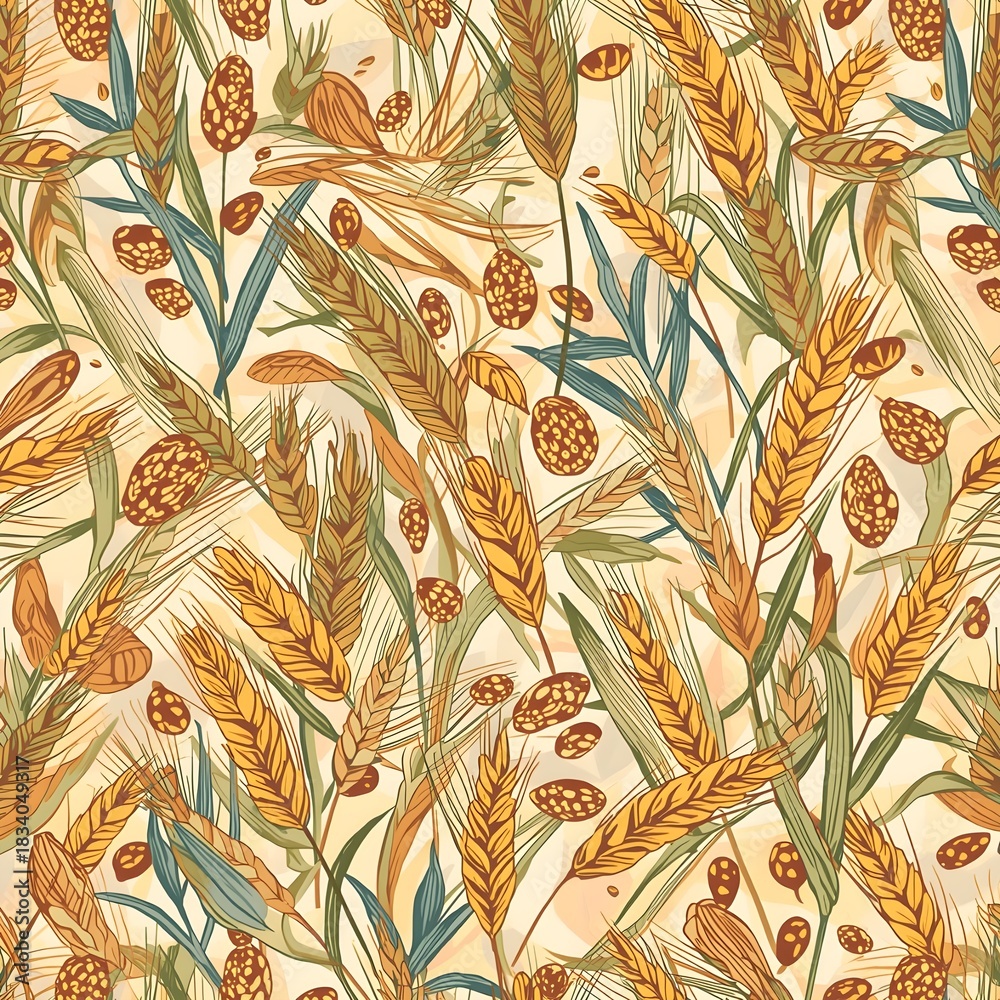 Fototapeta Autumn Wheat and Pinecones Seamless Pattern