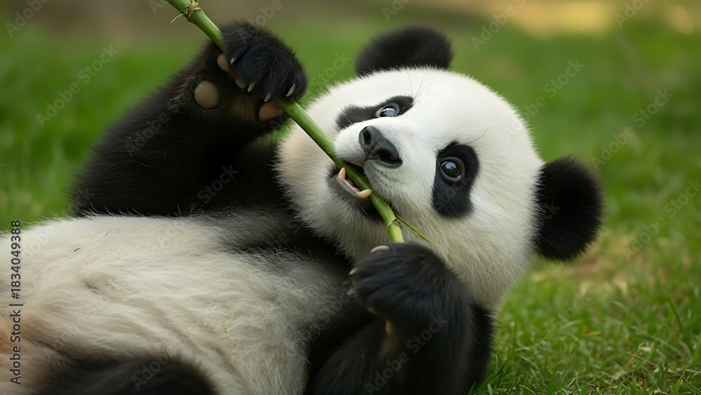 Obraz premium Giant panda enjoying bamboo snack on green grass in natural habitat