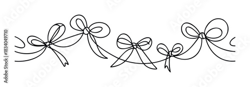 Hand drawn line art ribbons forming a decorative garland with multiple bows, perfect for invitations, greeting cards, or celebratory embellishments.