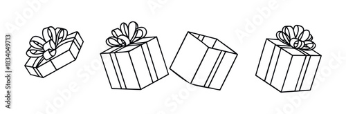 Hand drawn line art of four gift boxes with ribbon bows, perfect for holiday greeting cards, party invitations, and festive promotions