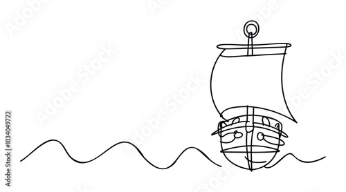 Minimalist line drawing of a happy ship sailing on wavy water, perfect for nautical themes and childhood concepts.