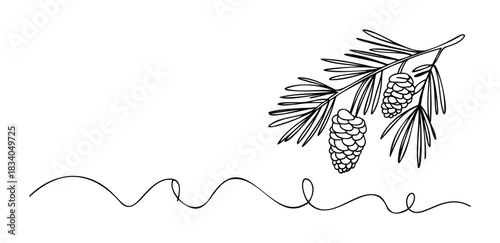 Pine branch with cones and whimsical wavy line for seasonal decoration and nature themes, perfect for festive greetings and winter invitations.