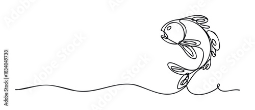 Single line drawing of a fish jumping out of wavy water, perfect for aquatic themes, nature, and abstract concept visuals.