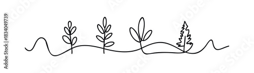 Minimalist black line drawing of growing plants and a fir tree along a wavy ground line, perfect for nature themes and organic branding.