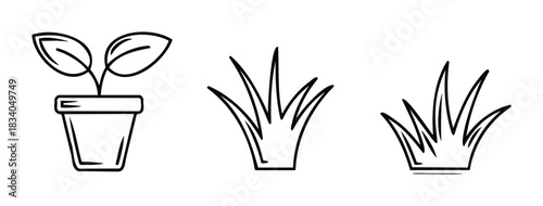 Simple line drawings of a potted plant and two grass patches useful for gardening or eco related concepts.