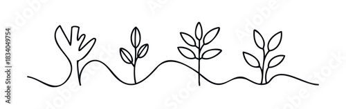 Minimalist black line art depicts four abstract plants growing from undulating ground, perfect for nature, growth, or organic concepts in branding and web.