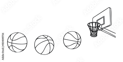 Three basketballs in a row with a basketball hoop and backboard, perfect for sports graphics and team promotions.