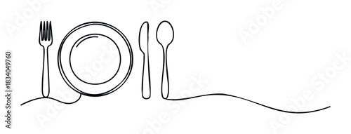 Minimalist black line drawing of a fork, plate, knife, and spoon on a wavy surface, perfect for restaurant menus, food blogs, and dining promotion visuals.