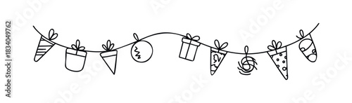 Festive string garland with hand drawn Christmas ornaments and gift boxes for holiday celebration decoration and seasonal greeting projects