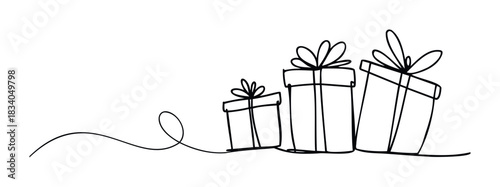 Line drawing of three stacked gift boxes with bows arranged in increasing size creating a visual progression for celebrations and promotions