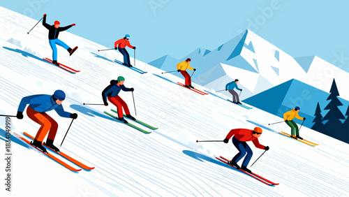 This vibrant flat-style illustration depicts a skier speeding down a snowy mountain slope, surrounded by pine trees and snow-capped peaks, capturing the energy of winter alpine sports.