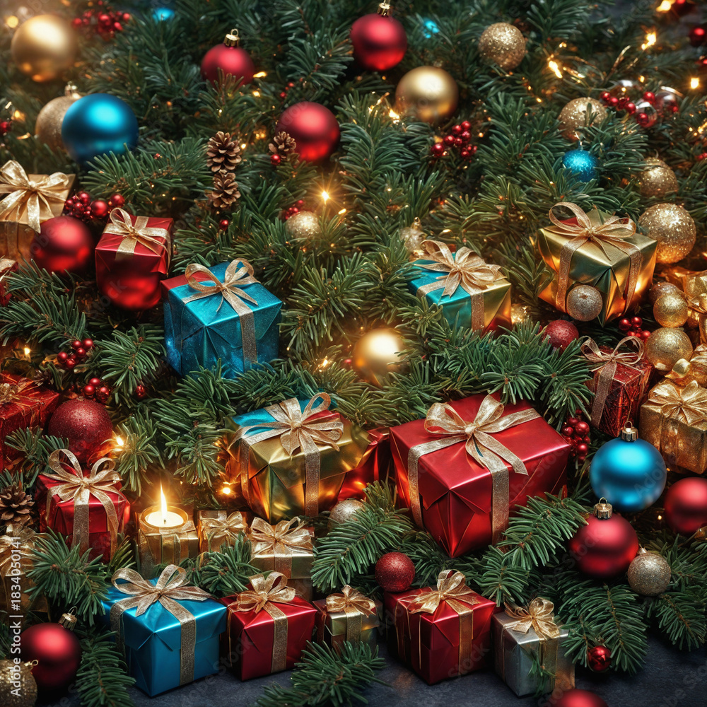Obraz premium Magnificent Christmas Tree with Presents | Festive Holiday Decor, Red & Gold Ornaments