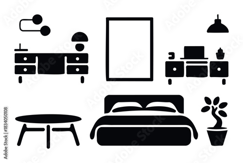 Collection of modern furniture and home decor icons including a bed, desk, table, dresser, plant, and wall lamp suitable for interior design concepts and space planning.