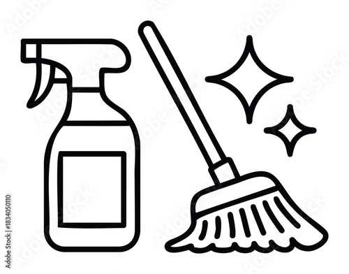 Household cleaning supplies including spray bottle and broom with sparkling symbols, perfect for home maintenance and sanitation promotion concepts.