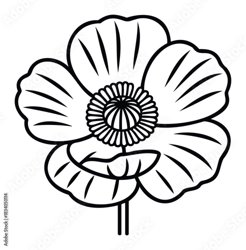 Striking black line drawing of a single poppy flower with detailed petals and center, perfect for graphic design and floral themes.