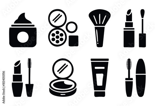 Collection of stylized black icons representing cosmetics and makeup products for beauty application and personal care routines