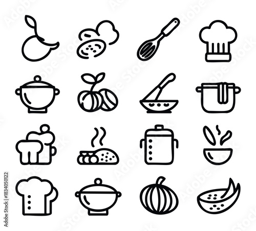 Collection of food and kitchen utensil icons representing cooking and food preparation for restaurant menus, recipe books, and culinary websites.