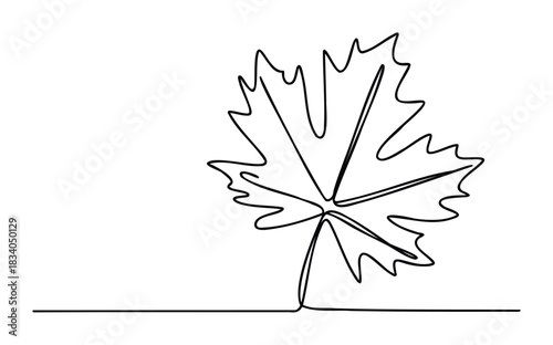 Single line drawing of a maple leaf with stem, representing nature and autumn, perfect for seasonal promotions or graphic projects.