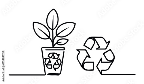 Minimalist line drawing of a plant in a pot with recycling symbol and separate recycle icon representing sustainability and environmental care for ecological concepts.