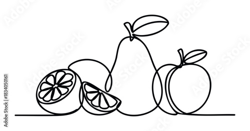 Wholesome still life composition of a pear and citrus slices depicted in simple black line art, perfect for healthy eating and natural food promotion
