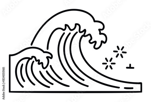 Bold black outline of powerful crashing waves with foam and spray, suitable for nautical themes, adventure, or storm related concepts and maritime communication graphics.