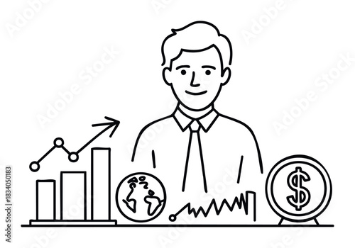 Business professional with growth charts, world map, and money symbol representing global finance and investment success, perfect for financial planning or economic analysis concepts.