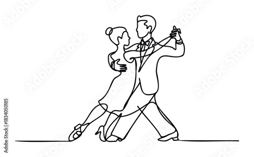 Elegant couple dancing a waltz in continuous line drawing style, perfect for romantic event invitations, ballroom dancing promotions, or elegant celebratory themes.