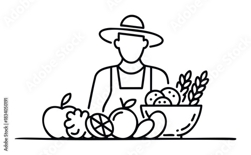 Farmer wearing hat and apron with assortment of fresh fruits and vegetables in a bowl representing healthy food and agriculture