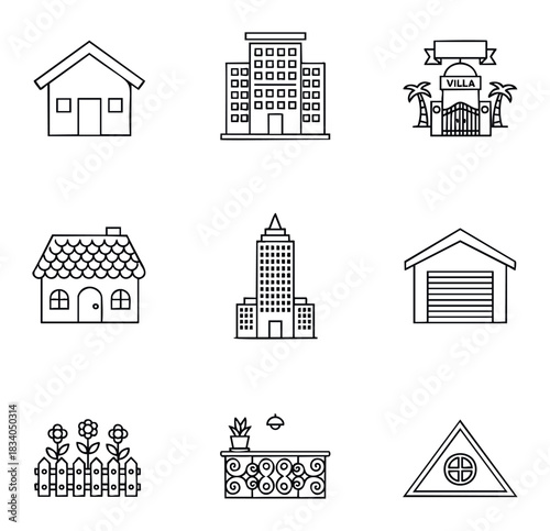 Collection of house building and architectural exterior icons including a villa gate, skyscraper, and garage for real estate and property concepts