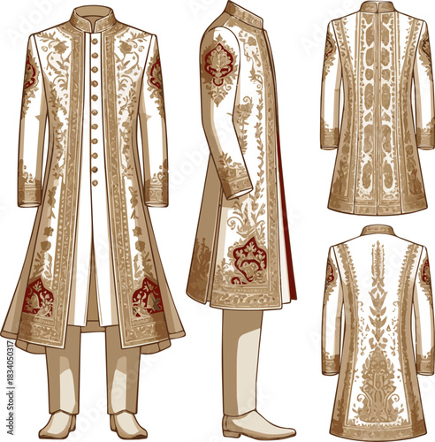 Isolated a various designs of wedding Sherwani vector art with a white background .