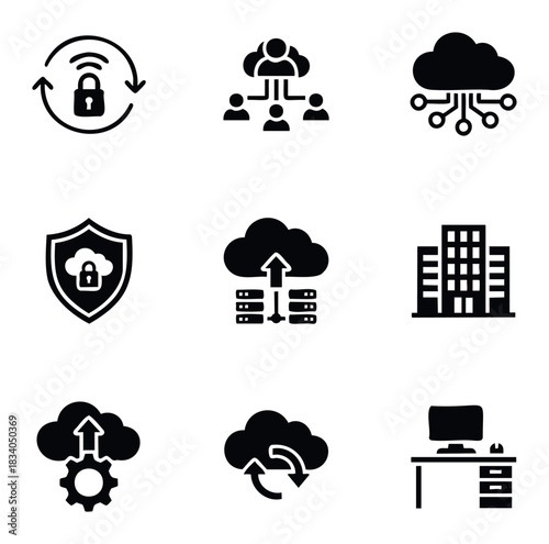Collection of black flat icons representing cloud computing, security, and office workspace concepts for digital applications and presentations