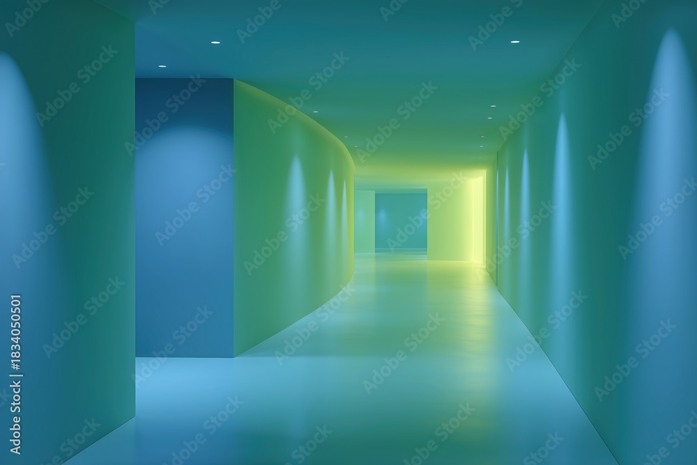Fototapeta premium A modern corridor with soft lights like the sunset. The walls are blue and green. It makes the room look like a dream. There is no movement, but the lights are soft.