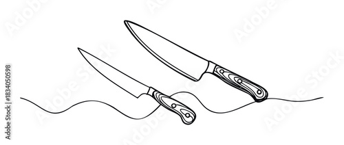 Two kitchen knives, one large chefs knife and one smaller utility knife, depicted in a simple line drawing with flowing wavy lines suggesting movement or a surface for culinary use.