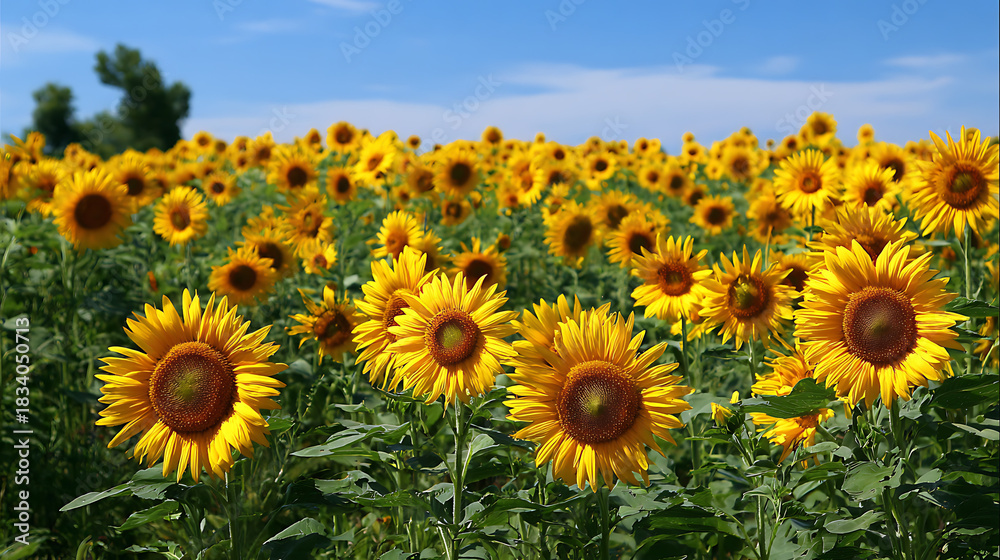 Fototapeta premium A field of tall sunflowers facing towards the sun under a clear blue sky (1)