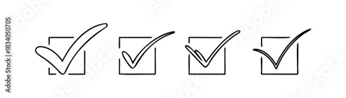 Set of simple black and white handdrawn checkmark icons within squares for todo lists and survey selection, perfect for web and app interfaces.
