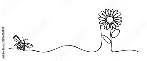 Minimalist black line drawing of a bee flying towards a sunflower, perfect for spring and summer themes, nature, and organic concepts in visual media.