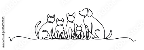 Continuous line drawing of a family of cats and a dog sitting together, perfect for pet care branding and animal shelter promotions