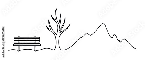 Minimalist linear scene depicting a park bench beneath a bare tree with distant, undulating mountains, perfect for evoking a sense of solitude and contemplation in outdoor settings and for