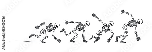 Sequence of skeletons running and jumping representing motion and activity for animation or sports concepts.
