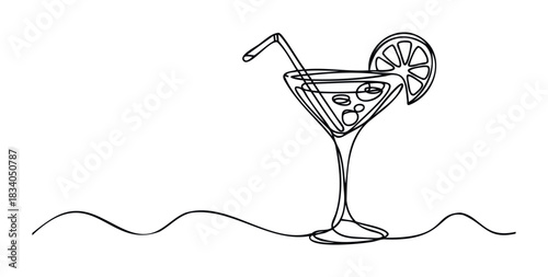Continuous line drawing of a refreshing cocktail with a citrus slice and straw, perfect for vacation, leisure, and summer refreshment concepts, ideal for beverage advertising and