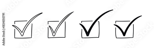 Four hand drawn check boxes with check marks symbolize completion, success, and decision making for to do lists and project management applications.